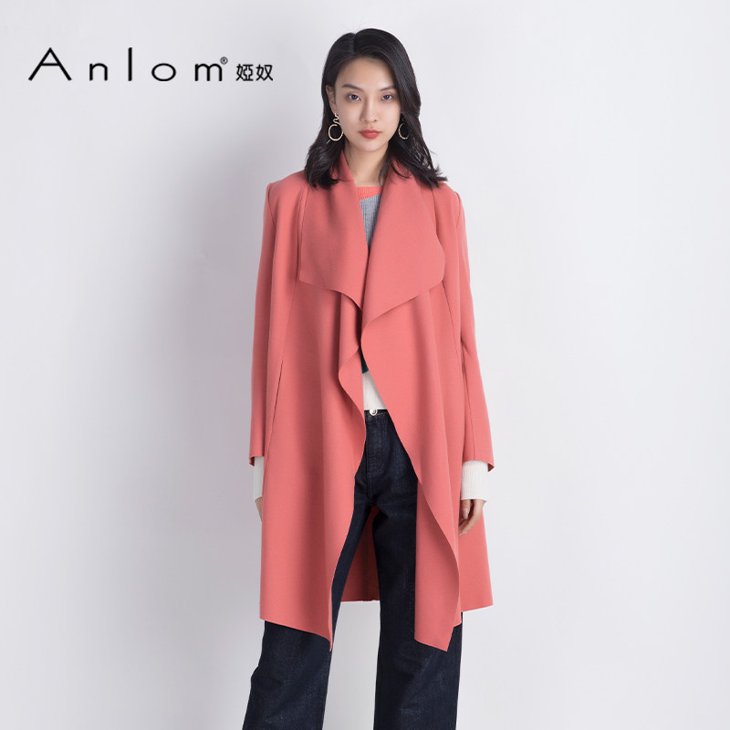 Anlom/娅奴秋冬时尚修身通勤休闲时尚中长款桔红毛呢针织大衣