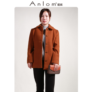 Anlom/娅奴冬季新款毛呢翻领姜黄色休闲羊毛纤维通勤御寒保暖大衣