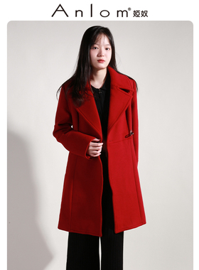 Anlom/娅奴极简风红色羊毛毛呢外套女中长款翻领系带收腰通勤大衣