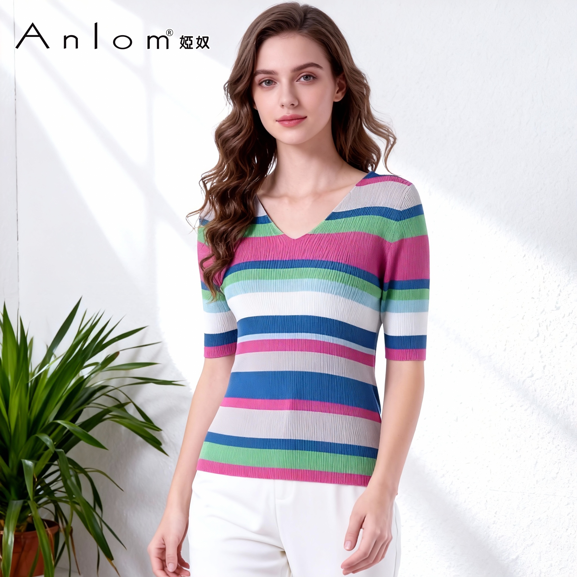 娅奴新款休闲v领中袖简约针织衫