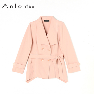 Anlom/娅奴秋季中袖新款翻领粉红色休闲聚酯纤维针织通勤上衣外套
