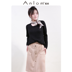 Anlom/娅奴冬季长袖新款圆领黑色休闲柞蚕丝针织衫通勤上衣套衫