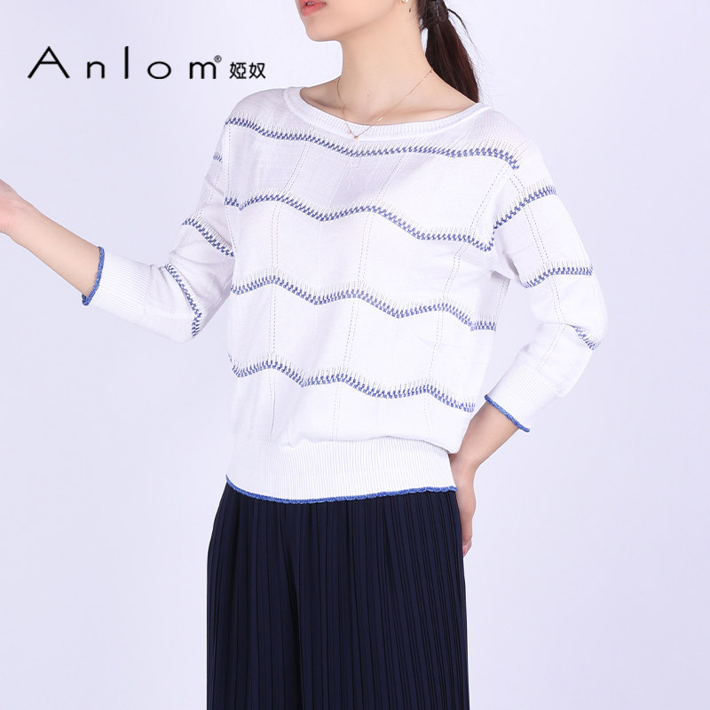 anlom/娅奴秋季中袖新款圆领兰白休闲棉纤维针织衫通勤上衣套衫