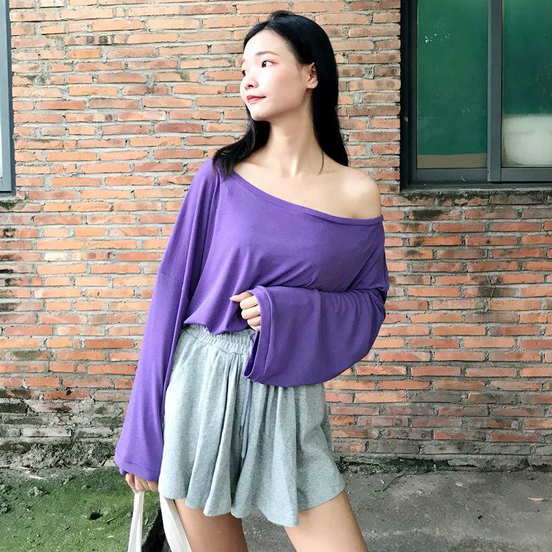林珊珊同款 小心机漏肩上衣女 紫色防晒长袖t恤宽松一字领露肩衫