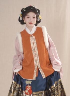 汉墨记汉服胡萝卜明制加绒织金眉子破肩圆领对襟比甲带口袋秋冬季