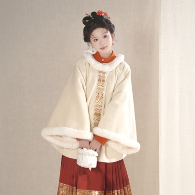汉墨记【金章暖岁】明制昭君袄加绒加厚圆领半袖披袄汉服女带口袋