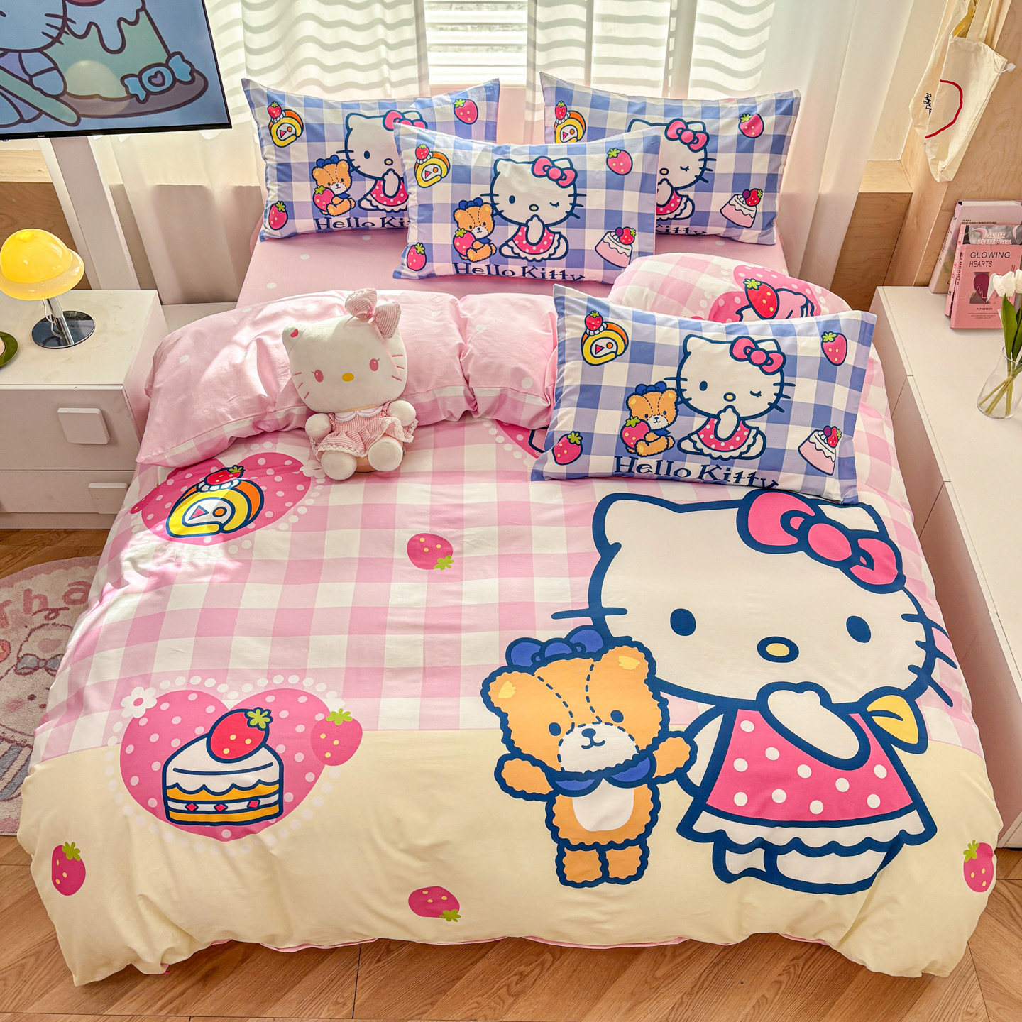 hellokitty纯棉四件套儿童KT猫三件套卡通床单床笠女孩凯蒂猫被套