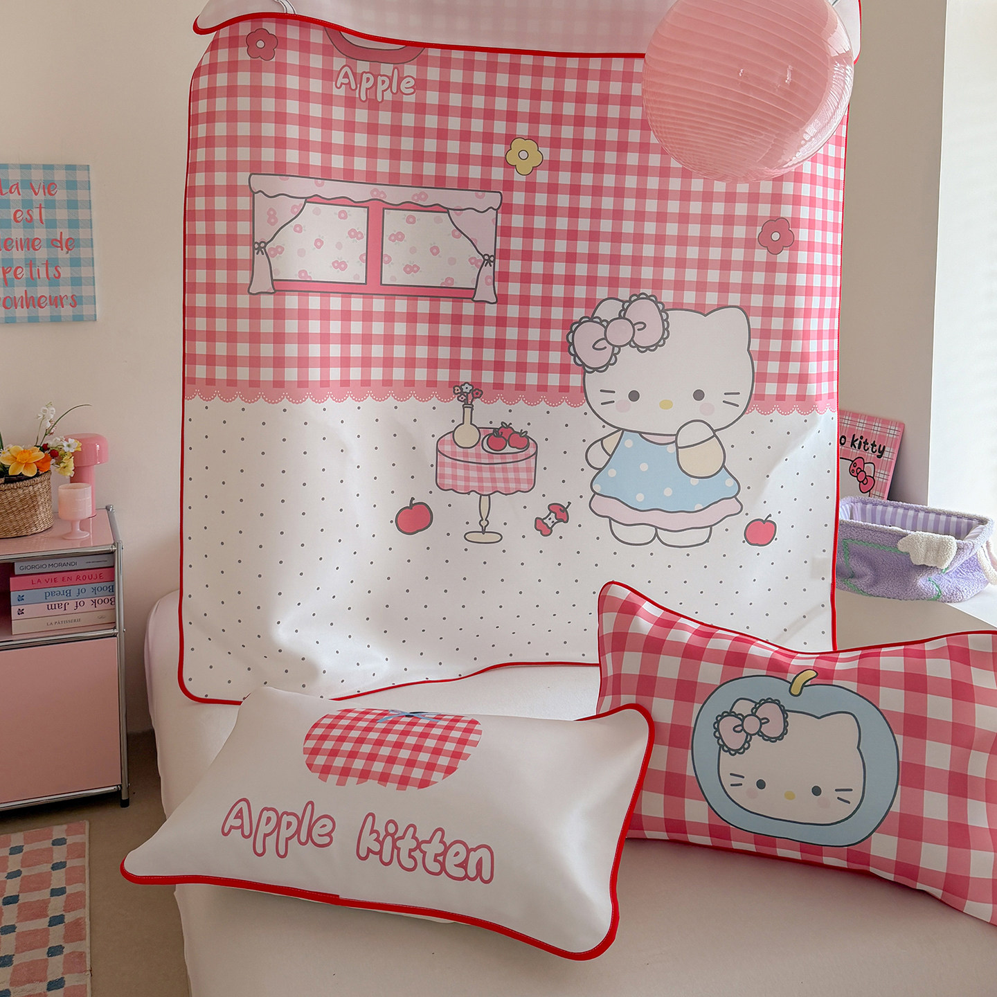 HelloKitty卡通冰丝席三件套可爱粉色凯蒂猫夏季可机洗凉席软席子