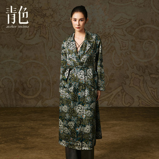 青色真丝桑蚕丝100%舒适女士居家服睡袍长袍 春徊真丝印花长袍