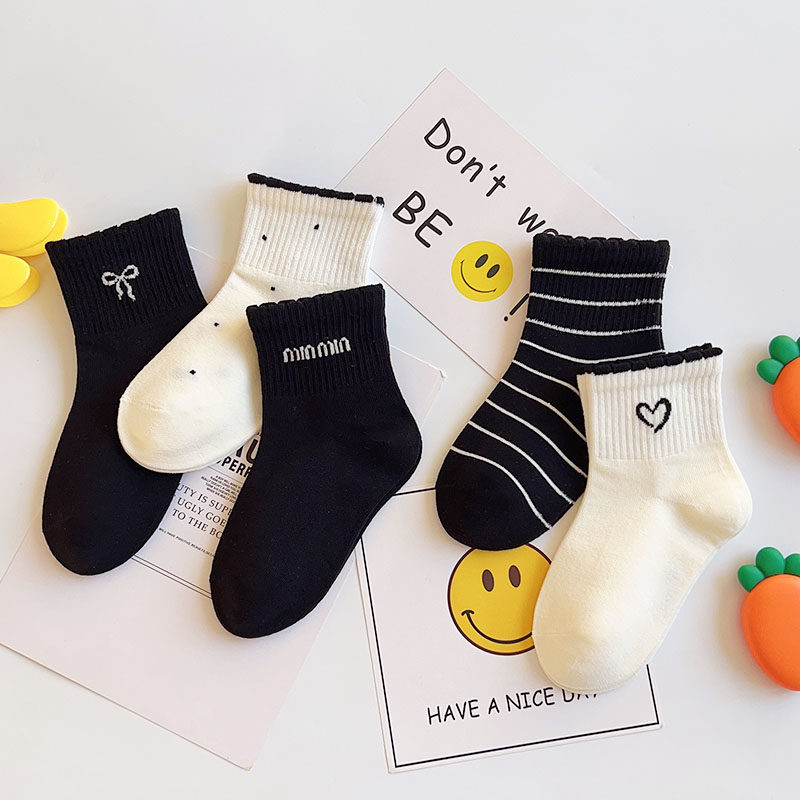 爱嘀嗒儿童袜子春季精梳棉日系甜美蝴蝶结爱心女童透气吸汗短筒袜