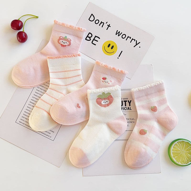 爱嘀嗒儿童袜子春夏季薄款网面透气甜美粉色卡通可爱女宝短筒船袜
