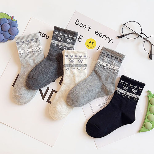 爱嘀嗒儿童袜子秋冬季厚款精梳棉韩版甜美蝴蝶结女宝学生中高筒袜