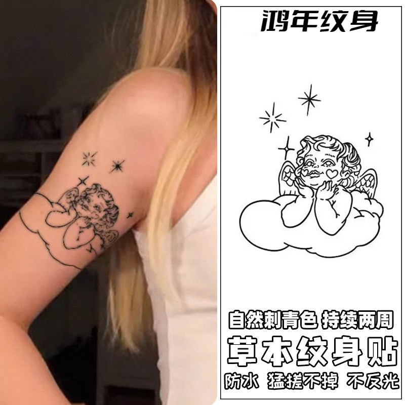 ins风黑白天使草本果汁纹身贴防水可爱逼真不反光小图案可爱辣妹