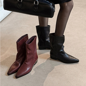 尖头炸街 头层牛皮低跟洋气显瘦皱褶西部靴巨软慵懒复古中筒M158