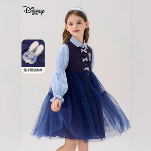 迪士尼童装女童连衣裙春夏款假两件套高级感气质女宝儿童公主裙子