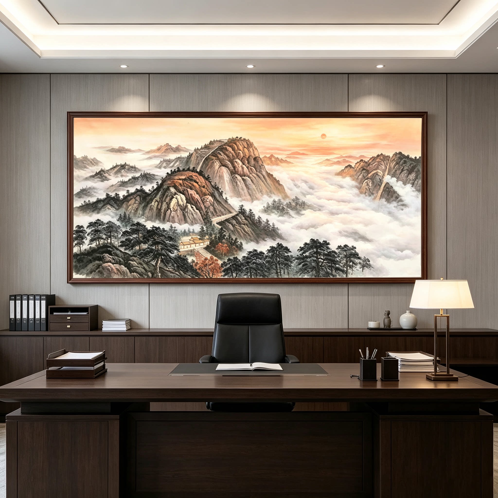 泰山日出靠山图国画手绘山水画客厅沙发背景墙挂画办公室风水画
