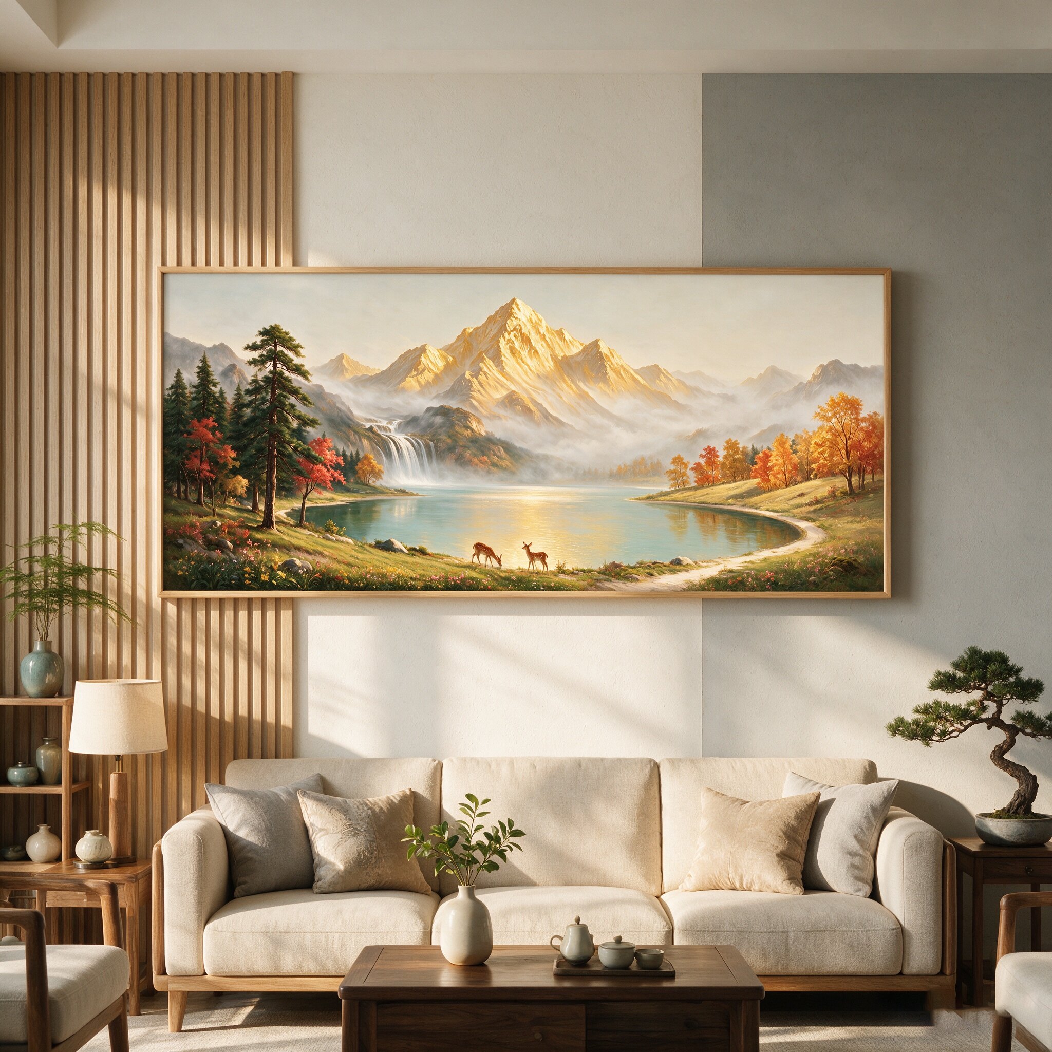 新中式金山双鹿手绘油画靠山图