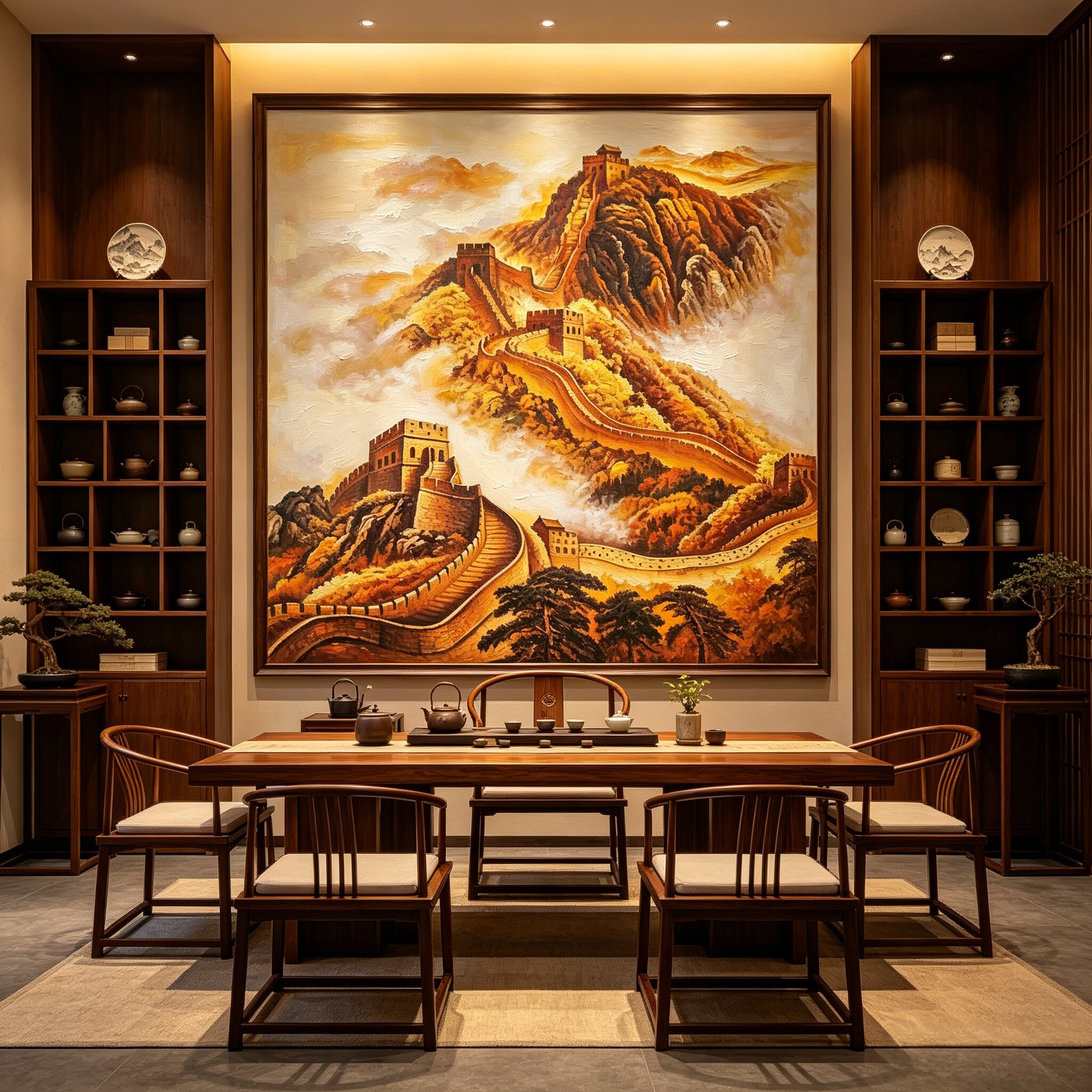 中式纯手绘万里长城风景山水油画图片