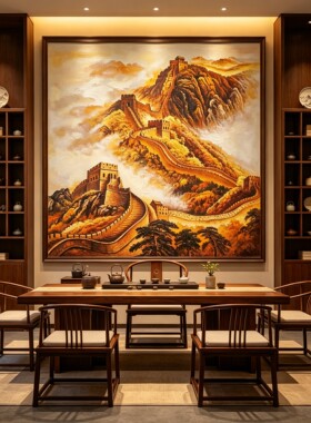 中式纯手绘万里长城风景山水油画