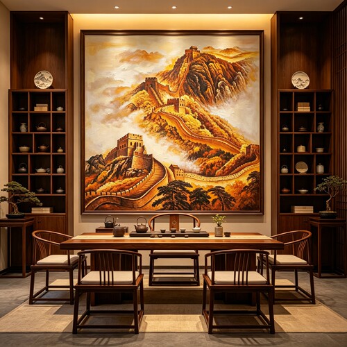 中式纯手绘万里长城风景山水油画