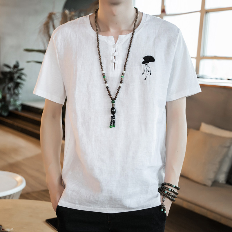 青衫汉韵2019夏季新款中国风男装棉麻亚麻扇子刺绣短袖T恤男大码|msdalam kategori Pakaian Lelaki, baju-T - dari Buy2taobao.com untuk memberikan perkhidmatan ejen Taobao profesional membeli