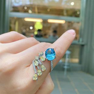 珠宝韩版ins潮欧美时尚流行仿真托帕蓝活口戒子主石10*12