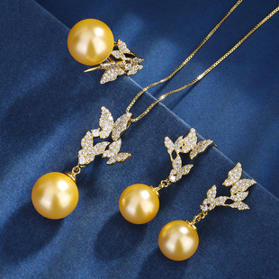 珠宝铜底镀金镶嵌金色贝珠时尚蝴蝶手工镶钻套装14mm12mm