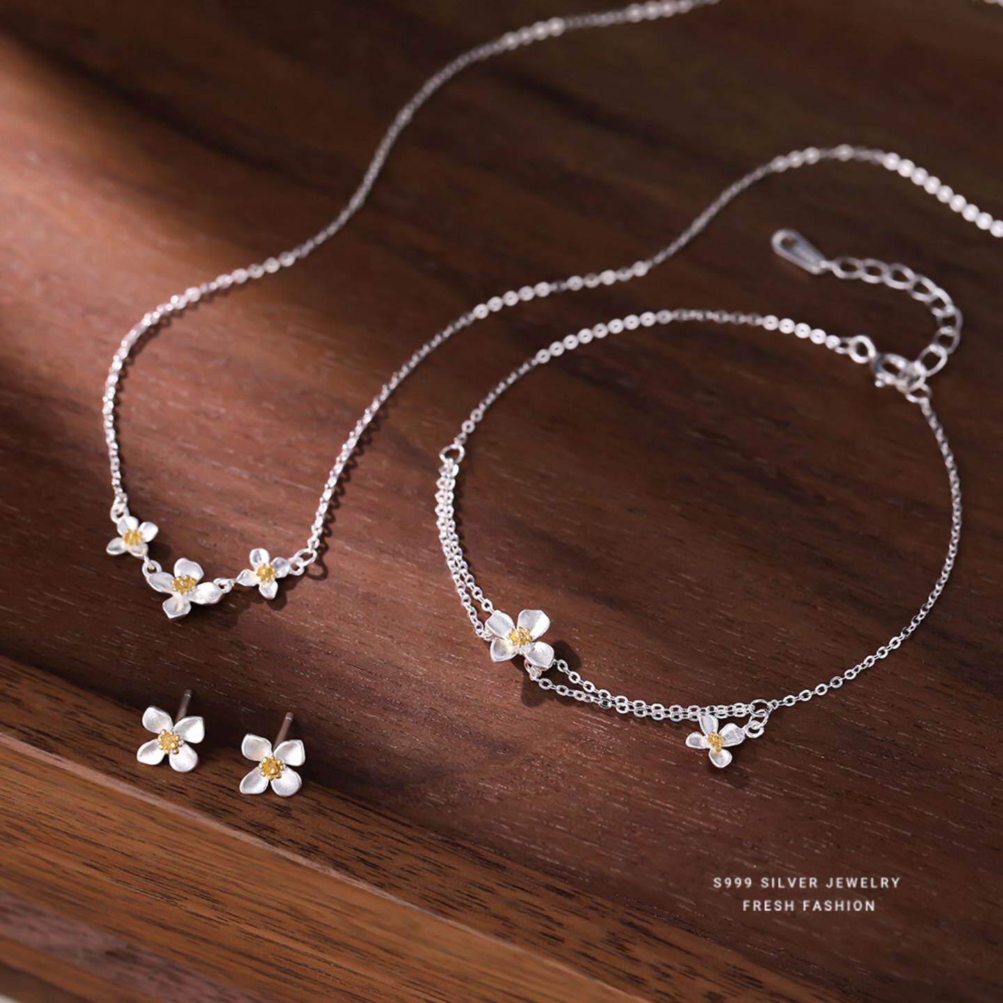 S999纯银栀子花项链女小众简约
