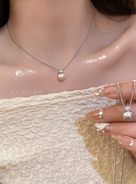 轻奢小众灰色单颗珍珠项链女极简风高级感锁骨链法式高档毛衣配饰