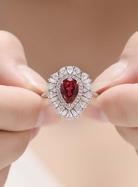 实验室培育红宝石水滴6*9mm高级珠宝S925银镀18k金闭口戒指