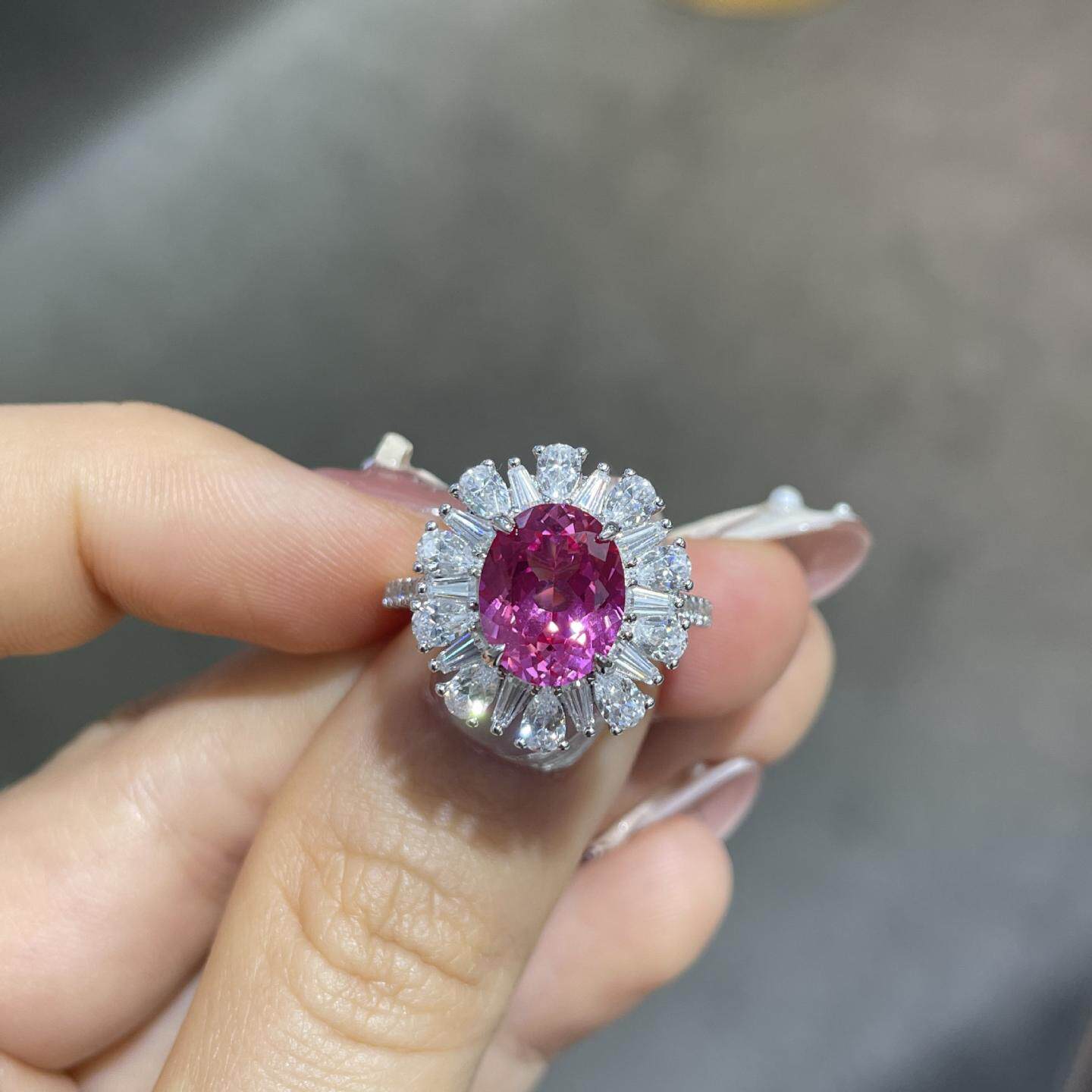 新品925银镀金培育粉蓝宝戒指女