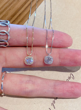 925镀银锆石气质女吊坠ins冷淡日韩百搭满钻四方形几何项链设计感