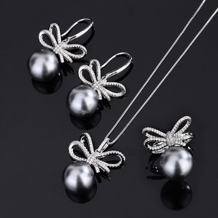 珠宝铜底镀金新款镶嵌灰色贝珠时尚蝴蝶结镶钻套装女14mm