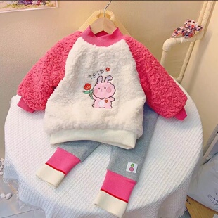 童装冬款卫衣2025秋冬新品卡通小兔子刺绣拼接毛毛加绒卫衣裤套装