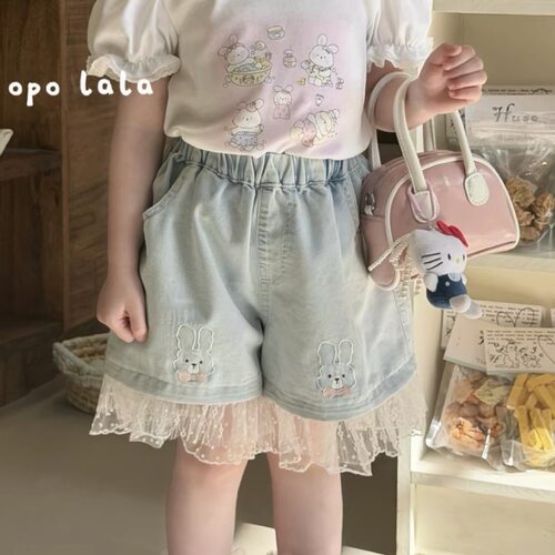 女童夏季蕾丝刺绣阔腿牛仔短裤
