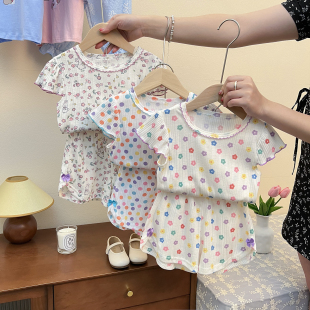 短裤 25儿童夏季 碎花格子短袖 女宝宝纯棉家居服套装 睡衣两件套 童装