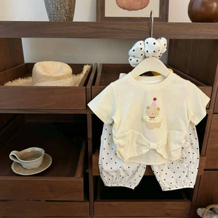 2025新款女童套装夏季女宝宝时髦休闲韩版短袖T恤波点裤两件套潮
