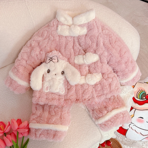 2025女宝宝童装加绒加厚粉粉可爱冬装女童卡通保暖盘扣家居服套装