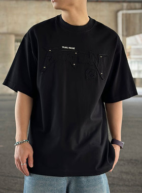 ALL IN 30美式高街字母刺绣宽松短袖T恤男2025重磅潮牌半袖上衣