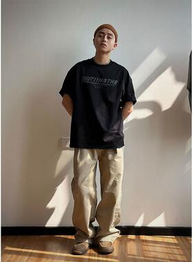 ALL IN30美式小领口宽松字母印花短袖T恤男做旧洗水割破美式上衣