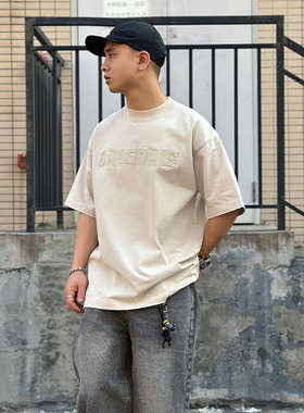 ALL IN 30纯棉宽松字母浮秀短袖T恤男潮牌美式破洞300克重磅上衣