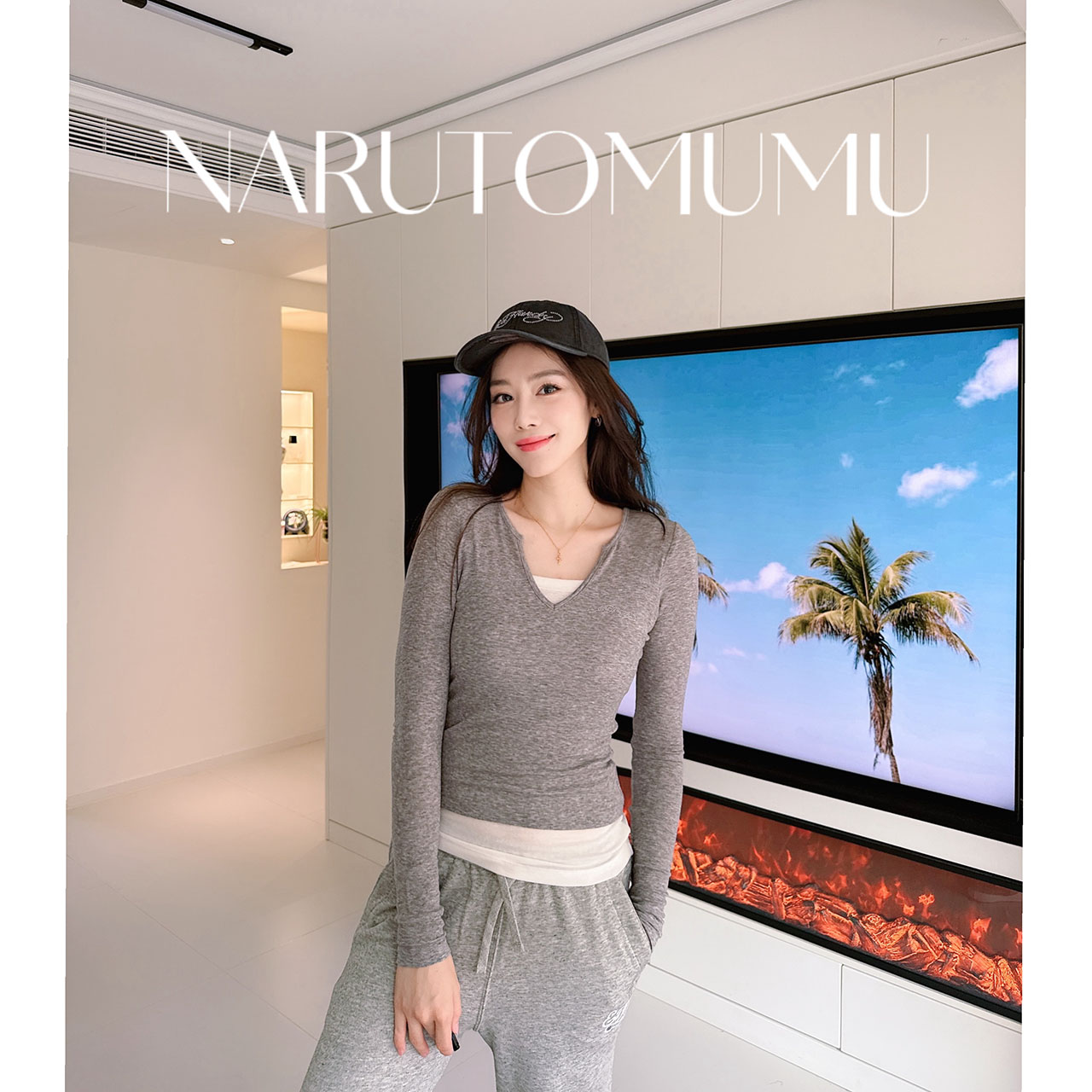 小姐姐全球购ED HARDY经典logo 极简 V领 弹力长袖T恤 女款26春01