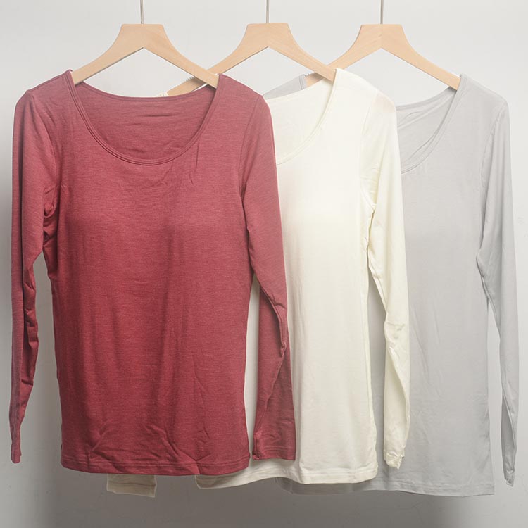 自发热色拉姆圆领女带胸垫打底衫