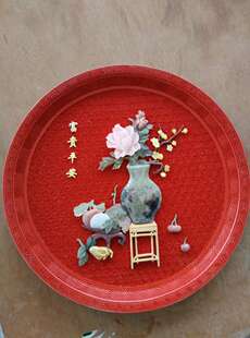 包邮扬州漆器雕漆嵌石圆盘台屏摆件外事乔迁结婚生日礼品锦盒i.