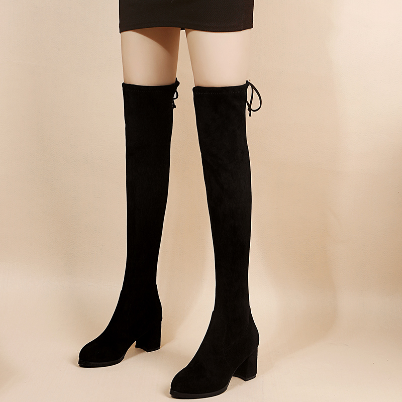 内莎儿时装靴粗跟绒面过膝靴子