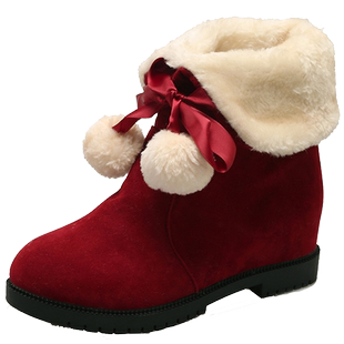 中筒雪地靴女款加绒加厚保暖棉鞋女鞋子冬季毛毛球红色短靴棉靴子