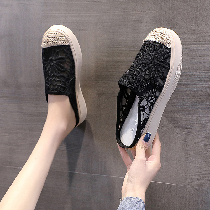 懒人一脚蹬半拖鞋女外穿2025新款包头凉拖鞋子夏季网面厚底渔夫鞋