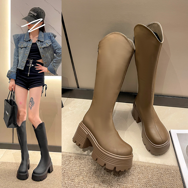 内莎儿法式长筒靴粗跟高跟时装靴