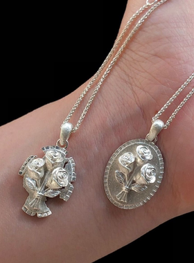 原创设计“定格绽放的银色玫瑰”可调节毛衣链项链