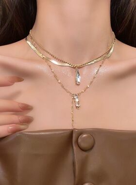 HEY TAO复古金色双层水滴流苏项链女轻奢多层叠戴锁骨链颈链配饰